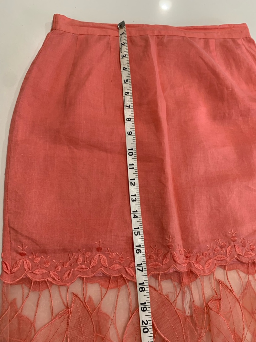 Coral Embroidered Leaf Lace Hem Midi Skirt, 100% linen - Picture 6 of 7